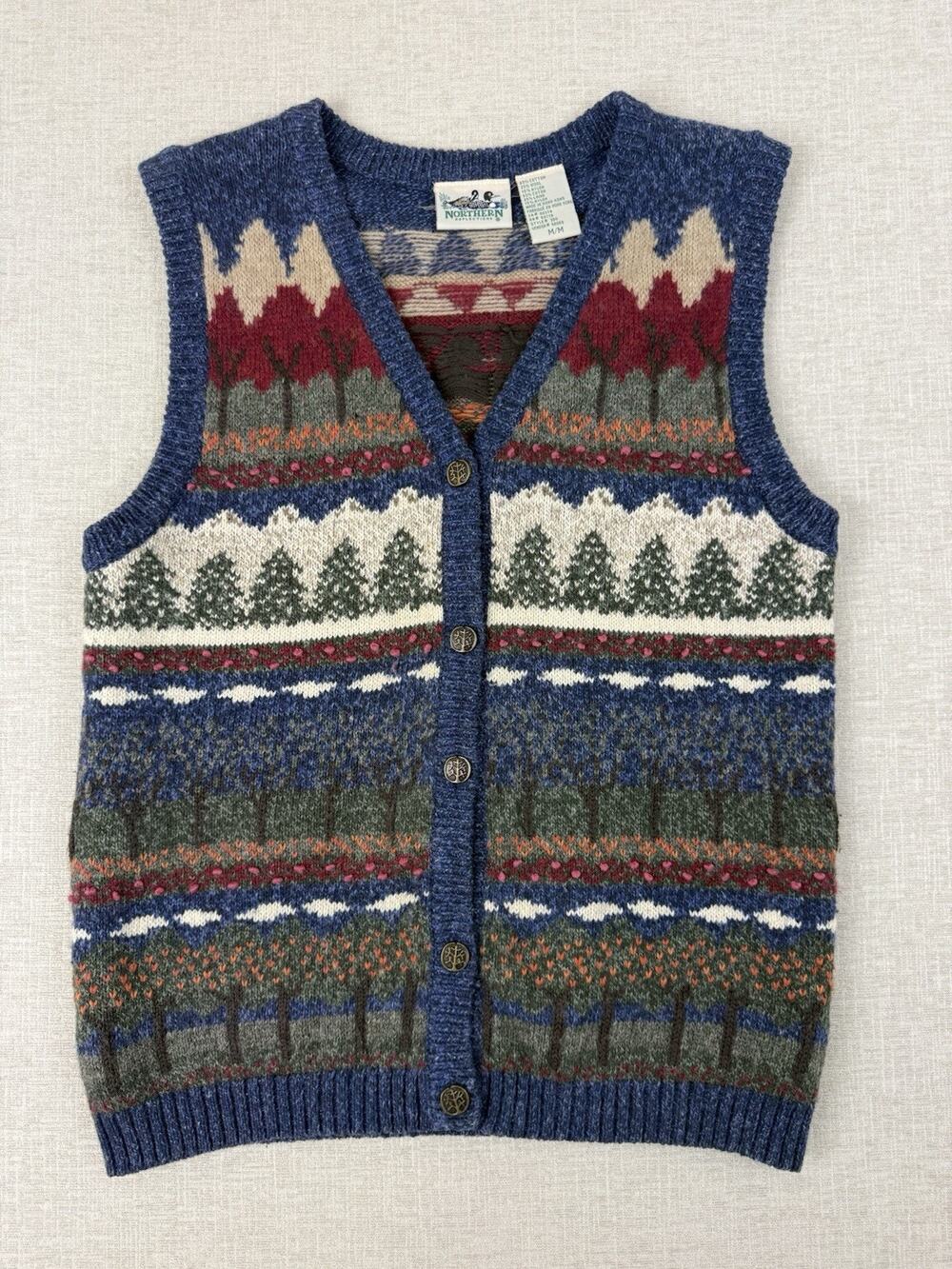 Vintage Northern Reflections Sweater Vest M Wool Blend Forest Trees Fair Isle